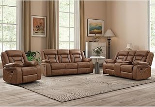 EBELLO Faux Leather Recliner Sofa Furniture Set for Living Room, Recliner Chair, Manual Loveseat, 3 Seat Recliniing Sofa Couch Set for Meeting Room, Brown