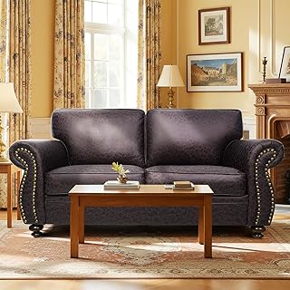 Mid-Century Vintage Sofa Couches with Rivet Design,loveseat Sofa,Removable Sofa Cover Upholstered Cushions and Solid Wood Frame (Brown, Loveseat)