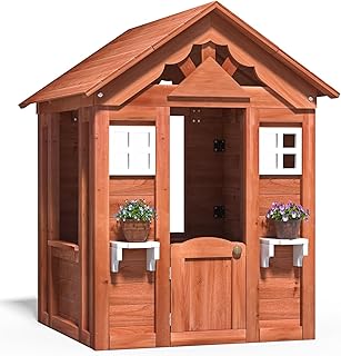 Kids Outdoor Playhouse Outside Game House Outdoor Playset for Ages 3-10 Toddler Boys Girls Wooden Adventures Cottage for Backyard Garden Lawn Patio (Natural Wood Color, 39)