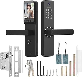 Smart Lock with 120° Wide-Angle Camera and Smart Doorbell Keyless Entry Door Lock Handle Aluminum Alloy Biometric Door Lock TY App Remote Operation WiFi for 35-60mm Office Home Bedroom Door