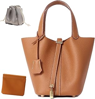 Genuine Leather Lock Design Bucket Bag Vegetable Basket, Fashionable and Versatile Satchel Handbag