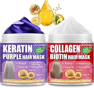 Keratin Hair Treatment-Purple Hair Mask Remove Brassy Yellow for Blonde,Platinum,Bleached Hair & Collagen Hair Mask With Biotin for Dry Damaged Hair,Natural Deep Conditioner with Argan Oil,Jojoba Oil