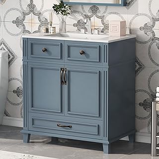 30 Inch Bathroom Vanity with Sink Combo, Solid Wood Frame Bathroom Storage Cabinet with 2 Doors and 1 Drawer, Freestanding Bathroom Vanities, Soft Closing