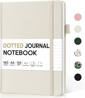 Bullet Dotted Journal Notebook for Women & Men, Hardcover Leather Journal for Writing, A5 Bullet Journaling Notebook for Work & Sketching, Perfect for Office School Home Supplies, 160 Pages, Beige Grey