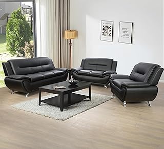 Modern 3 Piece Living Room Couch Set, Faux Leather Sofa Set, Black