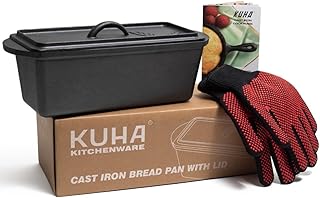 KUHA Cast Iron Bread Loaf Pan with Lid + Heat Resistant Gloves - Pre-Seasoned Cast Iron Bread Pan with Handles - Oven-safe bread pans for homemade bread - Ideal Loaf Pans for Campfire or Home Kitchen