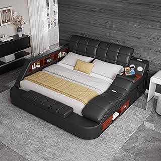 Queen Size Smart Multifuncional Bed Frame - Upholstered Leather Platform with Massage Recliner, Bluetooth Speaker, USB Charging, Storage Drawers, Strong Wooden Slats, Black