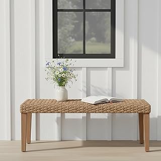 Outdoor Backless Bench, All-Weather Wicker & Solid Acacia Wood, Premium Garden Bench with Woven Rattan Seat and Thick Outdoor Cushion for Patio, Porch, Living Room or Entryway (Natural, PE Wicker).