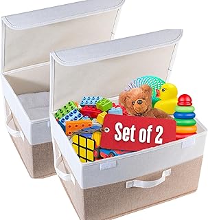 Pack of 2 Kids Toy Organizers and Large Storage Baskets with Lid 15"x10"x10" Foldable Bedroom Storage Organizer Box Set for Baby Box Keepsake or Cloth Bins with Lids