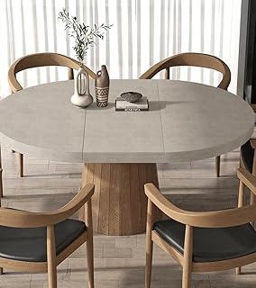 homary 39"-55" Round Extendable Dining Table Farmhouse Oval Kitchen Table Pedestal Dining Room Table for 6 Persons