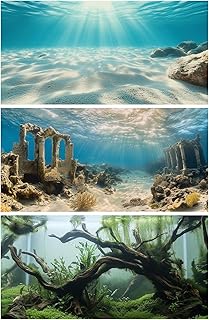 COMSUN 3 Pack Aquarium Background, 36x18 inches Polyester Aquarium Background, Cloth Fish Tank Background, Undersea Ruins Floor Sunshines & Tree Wood Branches Aquatic Plants