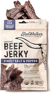 StarWalker Organic Farms Simply Salt and Pepper Beef Jerky – Organic, Regenerative Organic Certified®, 42g Protein, No Nitrates, No Preservatives, Grass-fed, 3 oz Bag