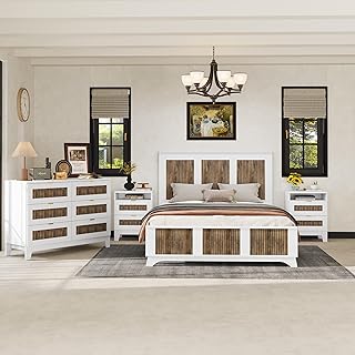 4 Pieces Bedroom Sets Queen Size Farmhouse Platform Bed with Wooden Strip Decoration, 2 Storage Nightstands and A 6-Drawer Dresser with Metal Handle for Kids Teens Adults - White