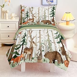 4 Pieces Woodland Animal Toddler Bedding Set, Forest Deer Bear Fox Bed Comforter Set for Boys Girls, Cute Toddler Bed Set Includes Comforter, Flat Sheet, Fitted Sheet and Pillowcase