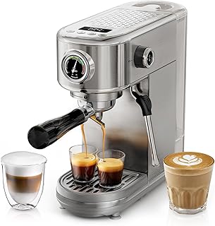 HIBREW Espresso Machine 20 Bar, Semi-Automatic Cappuccino Maker with Milk Frother for Latte Art, Adjustable Temperature & Water Volume, with Display, Pressure Gauge & Stainless Steel Body