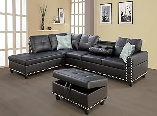 Wakefit Sectional Sofa Couch, Modern 4-Seaters Living Room Furniture Sets with Chaise Lounge, Ottoman & 2 Pillows | L Shape Couch | Cup Holder | Faux PU Leather, Black