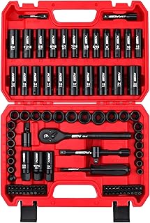 96-Piece 3/8" Drive Impact Socket Wrench and Bit Set, SAE 5/16”-3/4” & Metric 8-22mm, Cr-V Standard & Deep Sockets, Power Bits, Ratchet Handle, Universal Joint, Bit Holder, Adapters, Spark Plug Socket