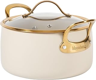 bloomhouse - Two Time Oprah's Favorite Things Winner - 6 Quart Heavy Duty Aluminum Premium PFA Free Ceramic Nonstick Dutch Oven Pot with Lid - Almond Cream w/Gold Handle