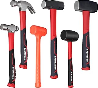 6-Piece Rubber Mallet Hammer Set with 2lb Dead Blow - 3lb Sledge & Stoning - 16oz Ball Peen Claw Hammers | Anti-Vibration Fiberglass Handles for Construction Metalworking Automotive & DIY Projects