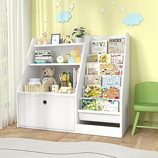 TOETOL Kids Bookshelf,Book Storage Organizer,6 Sling Toddler Wooden Book Shelf,3-Tier Kids Bookcase for Bedroom,Livingroom,Playroom,Nursery-White