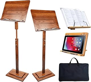 Wooden Sheet Music Stand - Portable Wood Music Stands with Carrying Bag, Bamboo Muisc Stand On Stage Conductor Podium Lectern Holder, Height Adjustable from 45-53in