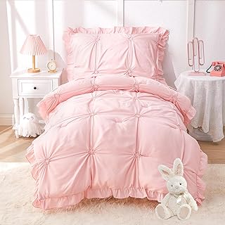 Wowelife Princess Toddler Bedding Set for Girls, Boho Toddler Tufted Bed Set, 4 Pieces Ruffles Jacquard Embroidery Toddler Girl Comforter with Comforter, Fitted Sheet, Flat Sheet and Pillowcase, Pink