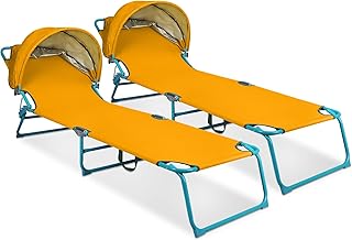 Northroad 2 Pack Outdoor Lounge Chair, Tanning Chair with Sunshade Roof, Adjustable Backrest Folding Chaise Lounge, Reclining Beach Bed for Beach, Camping, Hiking -Yellow