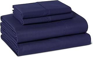 Amazon Basics Soft Organic Cotton Sheet Set with 2-Pieces Pillowcase, Navy Blue, Queen