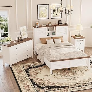 Farmhouse Style 3-Pieces Bedroom Furniture Set Full Size Platform Bed with Double Sliding Door Storage Headboard, Storage Nightstand and Dresser, White
