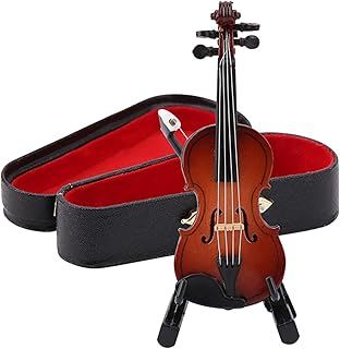 Wooden Miniature Violin with Stand, Bow and Case Mini Dollhouse Musical Instrument Display for Home Decoration 3.15 x 1.18 x 0.31in