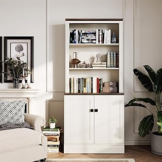 72 in Tall Bookshelf 5 Tier Bookcase with Adjustable Shelves, Antique White Book Shelf with Storage Cabinet, Wood Freestanding Display Bookshelves for Home Office?Bedroom, Living Room