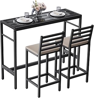 3 Piece Outdoor Patio Bar Set, 50" Rectangular Counter Height High Top Bar Table Patio Bar Set, 2 Cushioned 41" Bar Stools Modern Metal Outdoor Bar Set for Poolside, Balcony, Backyard, Porch