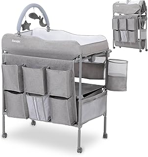 Baby Changing Table, Versatile Portable Folding Changing Table, Waterproof Diaper Changing Station with Waste Basket, Adjustable Height with 2 Drawers, Baby Changing Station for Infant and Newborn