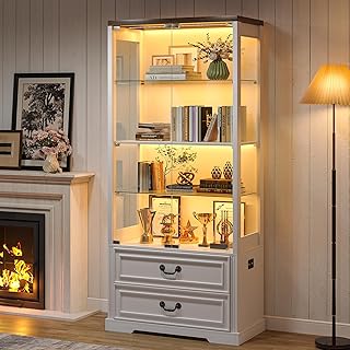 67" Tall Display Cabinet with Glass Doors and 2 Drawers, Adjustable Glass Height Bookcase, Curio Cabinet with 3 LED Lights and Human Body Sensor (White)