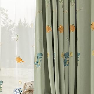 Cartoon Dinosaur Kids Curtains with Blackout Liner Embroidery Nursery Curtains for Children Boys Baby Bedroom Living Room Grommet Top Room Darkening Window Drapes 1 Panel (Green,W52 x L84 Inch)
