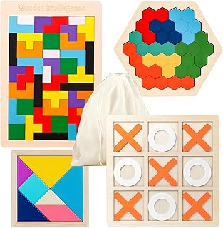 4 Pack Wooden Blocks Puzzles, Russian Blocks, Hexagon Puzzles, Tangrams Puzzles, Board Tic Tac Toe Game, Brain Teasers Toy Logic Game, Montessori STEM Educational Toys Present for Kids and Adults