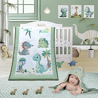 4 Piece - Includes Comforter, Fitted sheet, Crib skirt and Bib. Unisex Baby Dinosaurs Crib bedding set for Boys or Girls. Crib Comforter set for Newborn and Baby Nursery Decor. Baby Bedding.