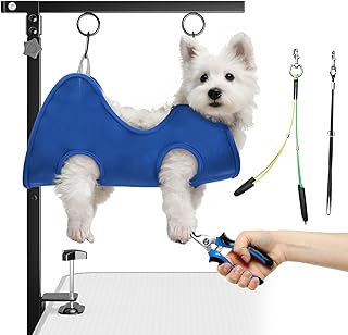 Foldable Dog Grooming Arm with Clamp: Adjustable Height 26"-40", Dog Grooming Table Arm with Hammock and No-Sit Holder, Grooming Restraint for Small Medium Dogs at Home or Salon