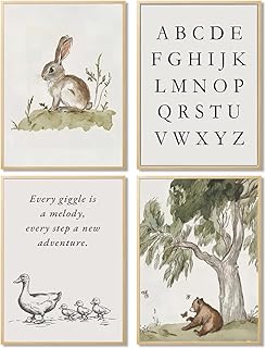 Nursery Gallery Wall Art Animal Canvas Prints Vintage Rustic Poster Set for Kids’ Room Decor Alphabet Inspirational Quotes Wall Art Neutral Baby Room Painting Unframed 8x10 Inches