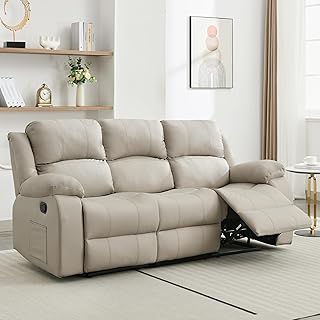Beige Leather Reclining Loveseat