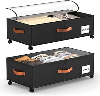 Under Bed Storage Containers with Wheels, 9.5 inches Higher Underbed Shoes Blankets Clothes Toy Storage Drawers for College Dorms Bedrooms Nursery Rooms Organization, 2 Pack to be Assembled