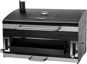 29 In Built-in Barbecue Grill, Charcoal bbq Grills with Liftable Tray, Insulated Hood & Temperature Gauge, Stainless Steel BBQ Barrel for Outdoor Kitchen, Camping, and Park – Black