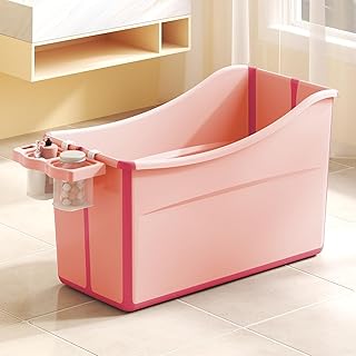 Collapsible Baby Bathtub Foldable Bathtub for Toddler Portable Large Foldable Bath Tub Bathtub for Kids Petite with Thermometer and Storage Basket (Pink)