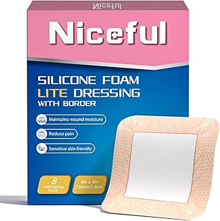 Silicone Foam Lite Dressing 3 x 3 in – Gentle Border Large Waterproof Bandages for Burns, Abrasions, Surgical Wounds – Medical Grade Wound Care Dressings for First Aid, Ultra Soft, 8 Count