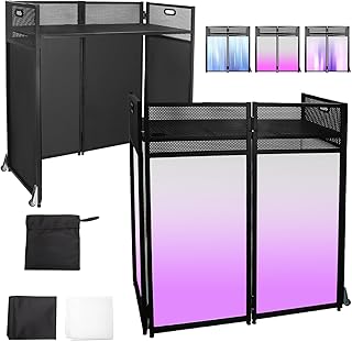DJ Facade Booth Table 41" x 21"-Portable with Black&White Lighting Scrims Flat DJ Booth Panel-Black Metal Frame with 2 Extra Wheels for Show, Party