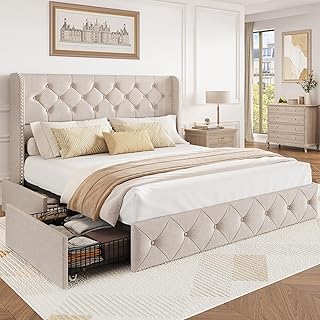 Queen Size Bed Frame with Storage Drawers and Wingback Headboard Linen Upholstered Platform Bed Frame Tufted Beds with Heavy Duty Wood Slats, Noise Free, Easy Assembly, Beige