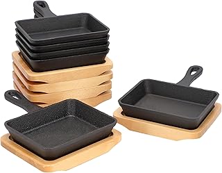Megachef Cast Iron Mini Fry Pan/Saute Pan with Wood Tray, Cookware, Bakeware, Serveware (6 Piece)