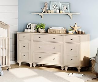 WAMPAT Dresser for Kids Bedroom with 5 Drawers and 2 Storage Cabinet, Nightstands with Charging Station, Mid Century Modern Baby Dressers with Wide Chest of Drawers for Nursery, Beige, 67 inch