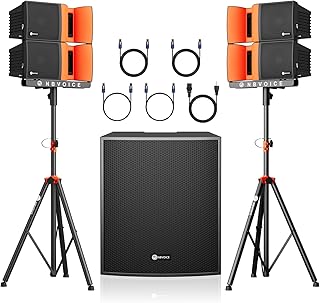 18-Inch 4000W P.M.P.O Stereo PA Speaker System with Bluetooth/USB/Remote, Includes 4 Line Array Speakers, 1 Active Subwoofer, 2 Tripods - Perfect for DJ, Parties, Weddings, and Events