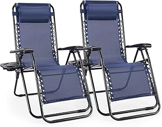 Sweetcrispy Zero Gravity Chairs, Set of 2 Portable Recliner Beach Camping Patio Outdoor Folding Lounge Chair with Cup Holder Trays and Adjustable Pillow for Poolside, Garden, Backyard, Lawn (Blue)